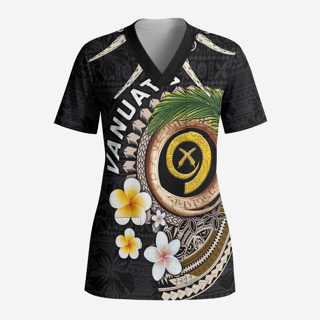 Vanuatu Independence Day Scrub Top Melanesian Tribal Pig Tusk with Tropical Plants LT03 Adult Black - Polynesian Pride