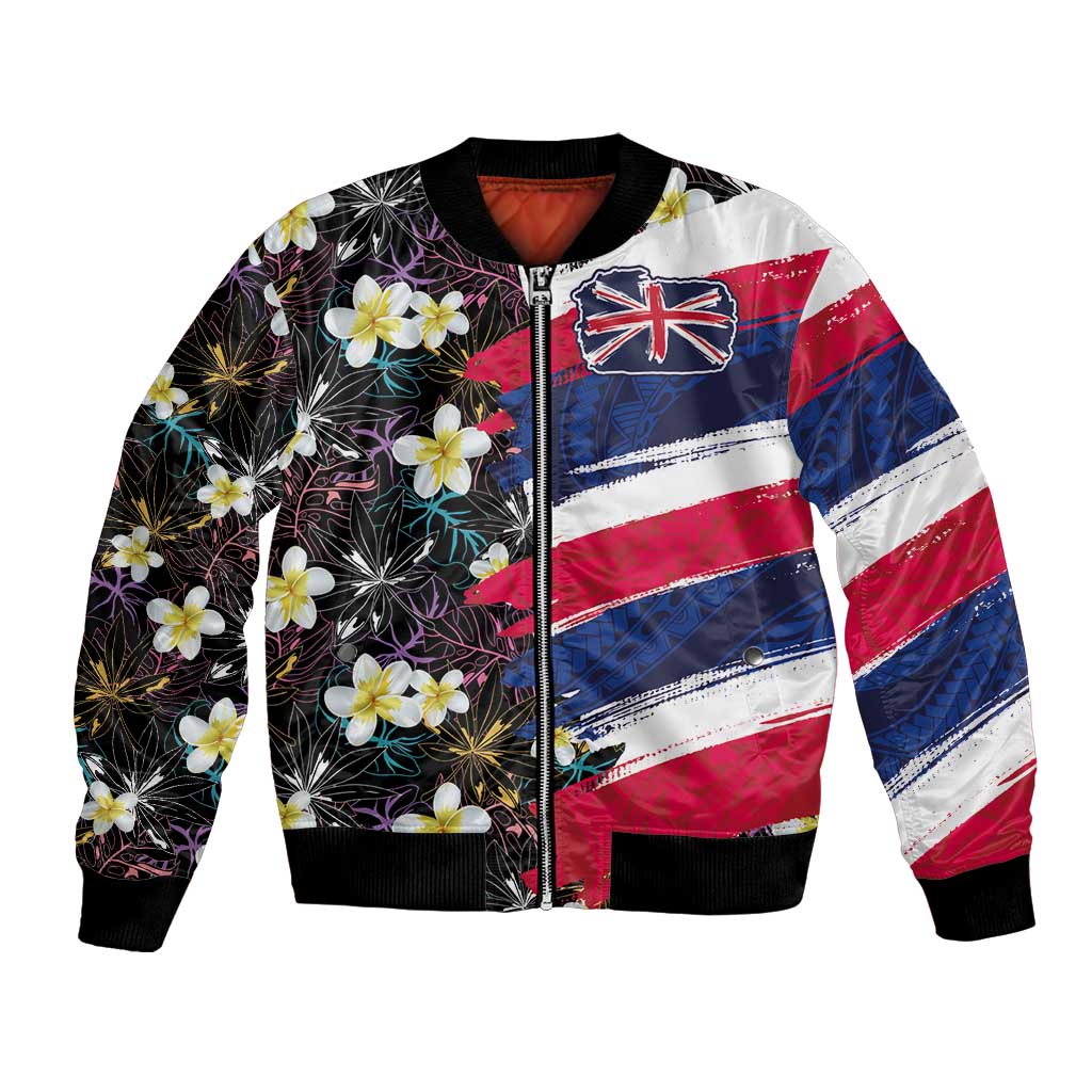 Hawaiian Flag Day Bomber Jacket Tropical Flowers and Leaves LT03 Unisex Black - Polynesian Pride