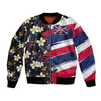 Hawaiian Flag Day Bomber Jacket Tropical Flowers and Leaves LT03 Unisex Black - Polynesian Pride