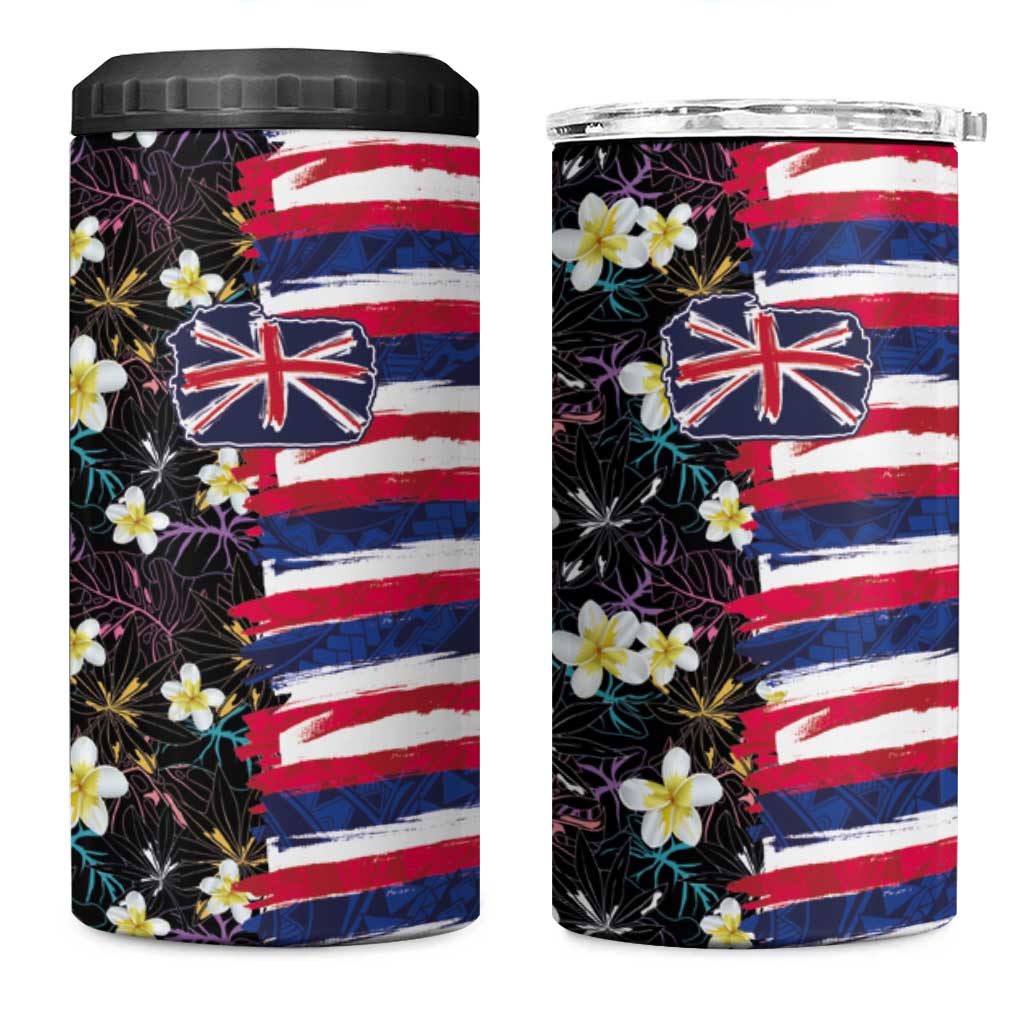 Hawaiian Flag Day 4 in 1 Can Cooler Tumbler Tropical Flowers and Leaves LT03 One Size: 16 oz Black - Polynesian Pride