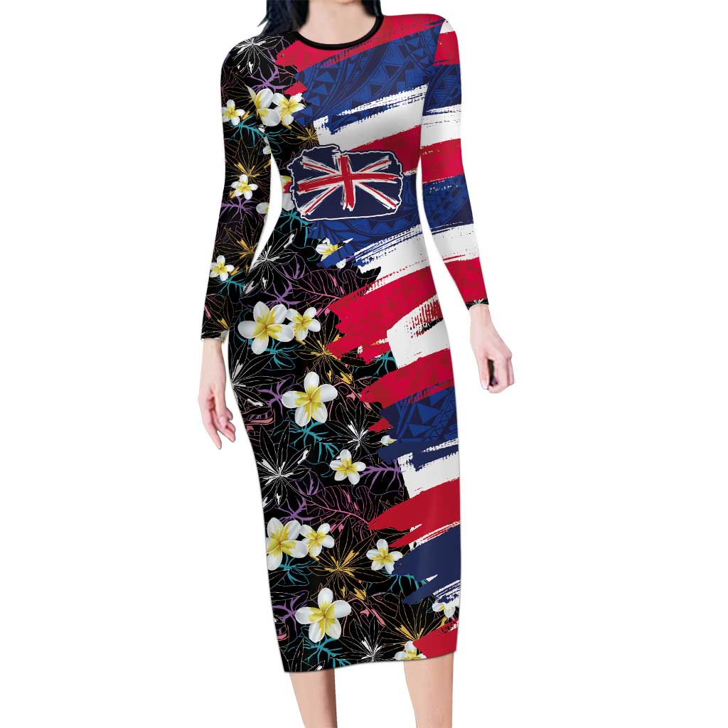 Hawaiian Flag Day Long Sleeve Bodycon Dress Tropical Flowers and Leaves LT03 Long Dress Black - Polynesian Pride