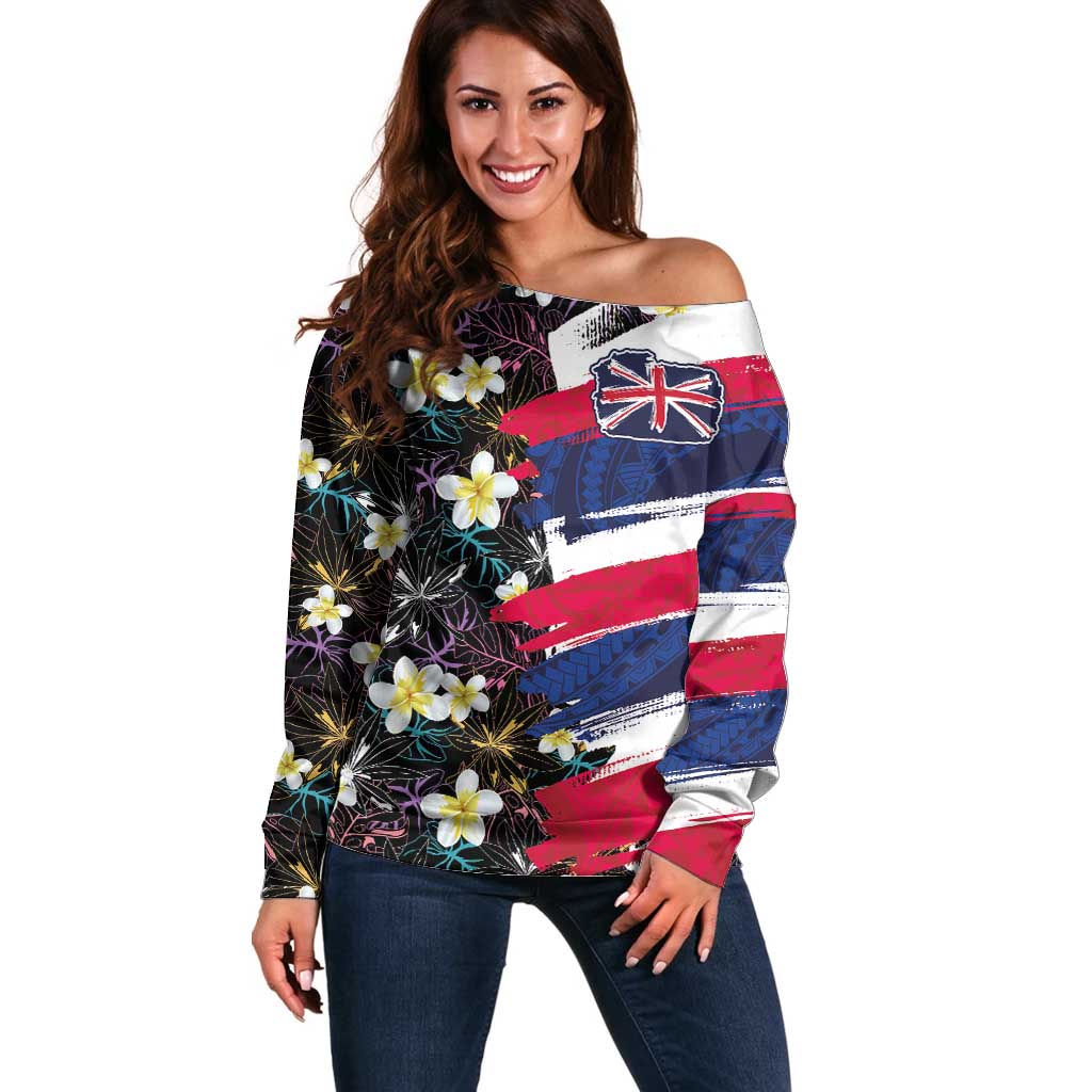 Hawaiian Flag Day Off Shoulder Sweater Tropical Flowers and Leaves LT03 Women Black - Polynesian Pride