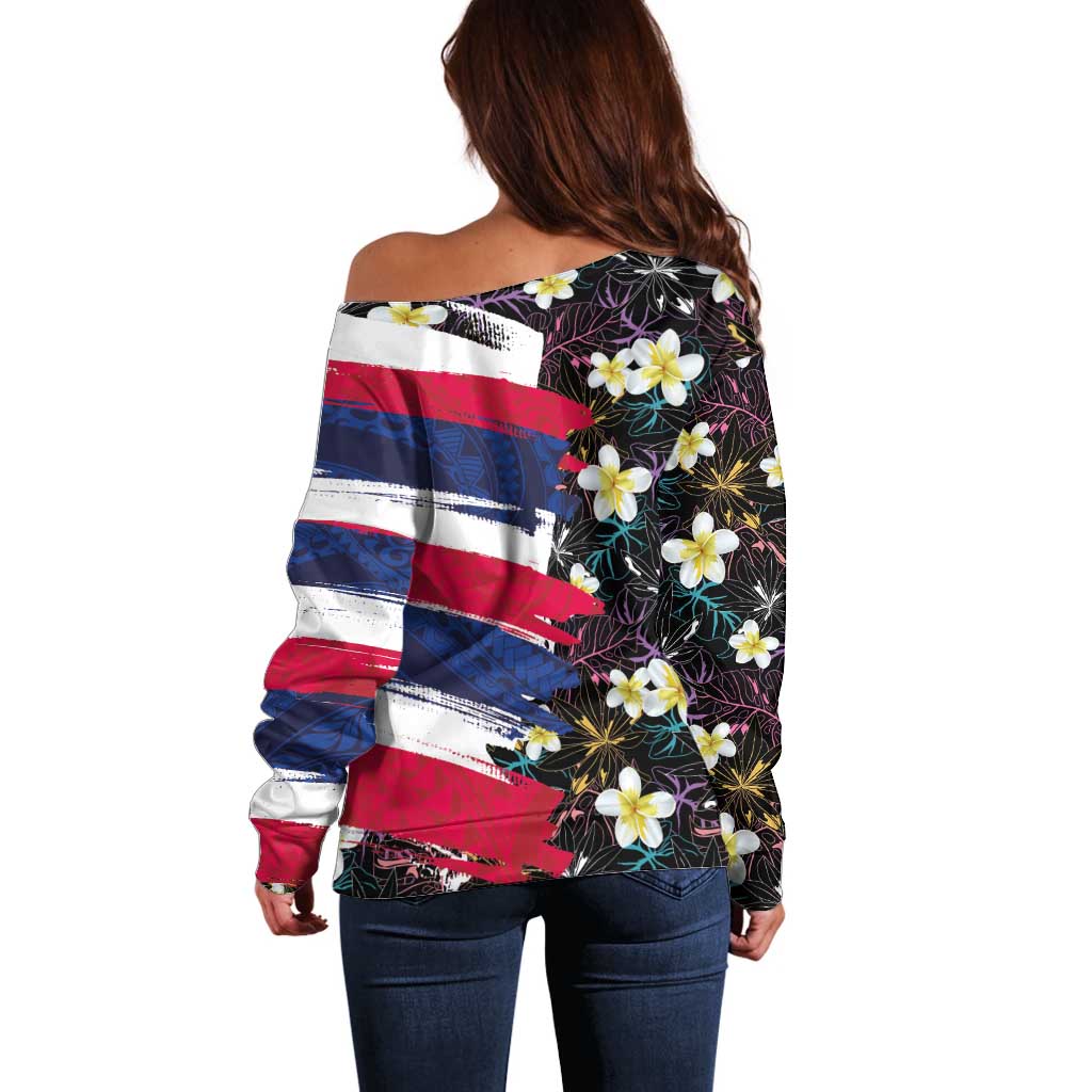 Hawaiian Flag Day Off Shoulder Sweater Tropical Flowers and Leaves LT03 - Polynesian Pride