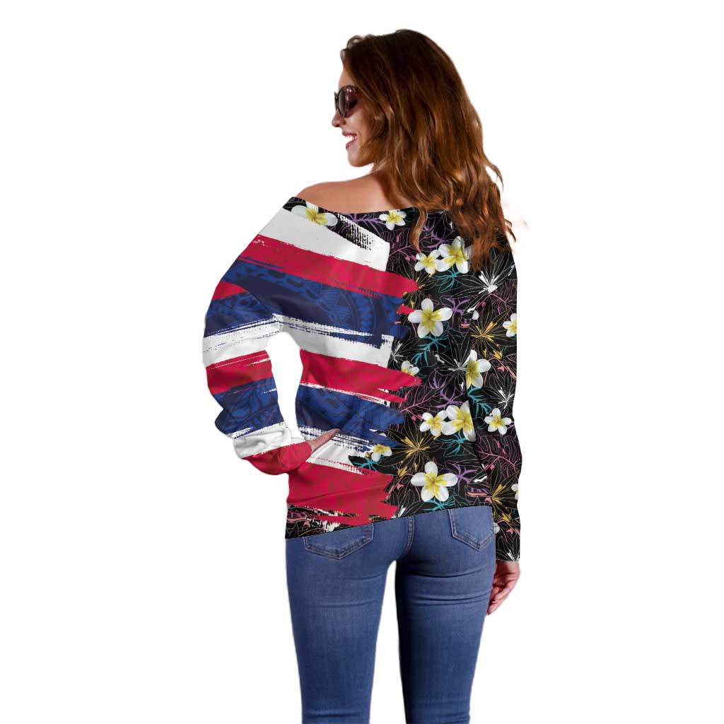 Hawaiian Flag Day Off Shoulder Sweater Tropical Flowers and Leaves LT03 - Polynesian Pride