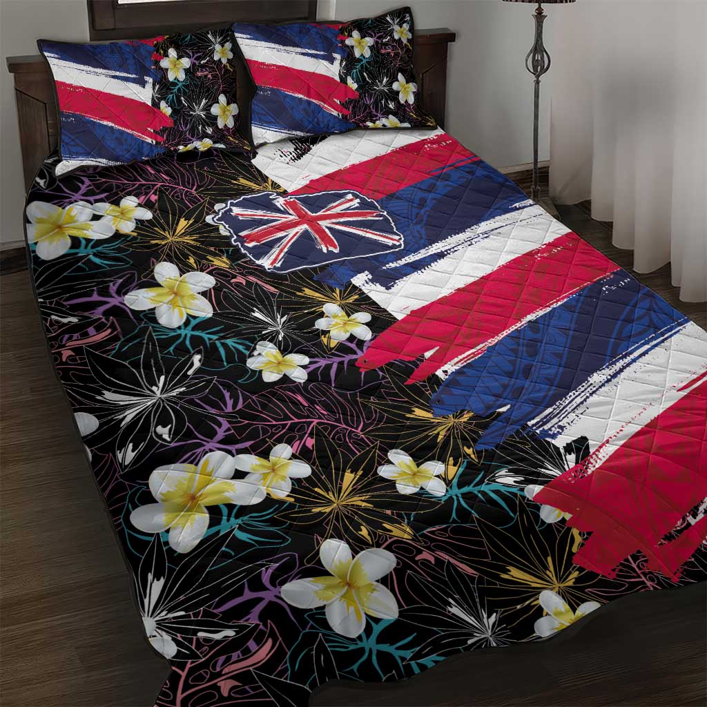 Hawaiian Flag Day Quilt Bed Set Tropical Flowers and Leaves LT03 Black - Polynesian Pride