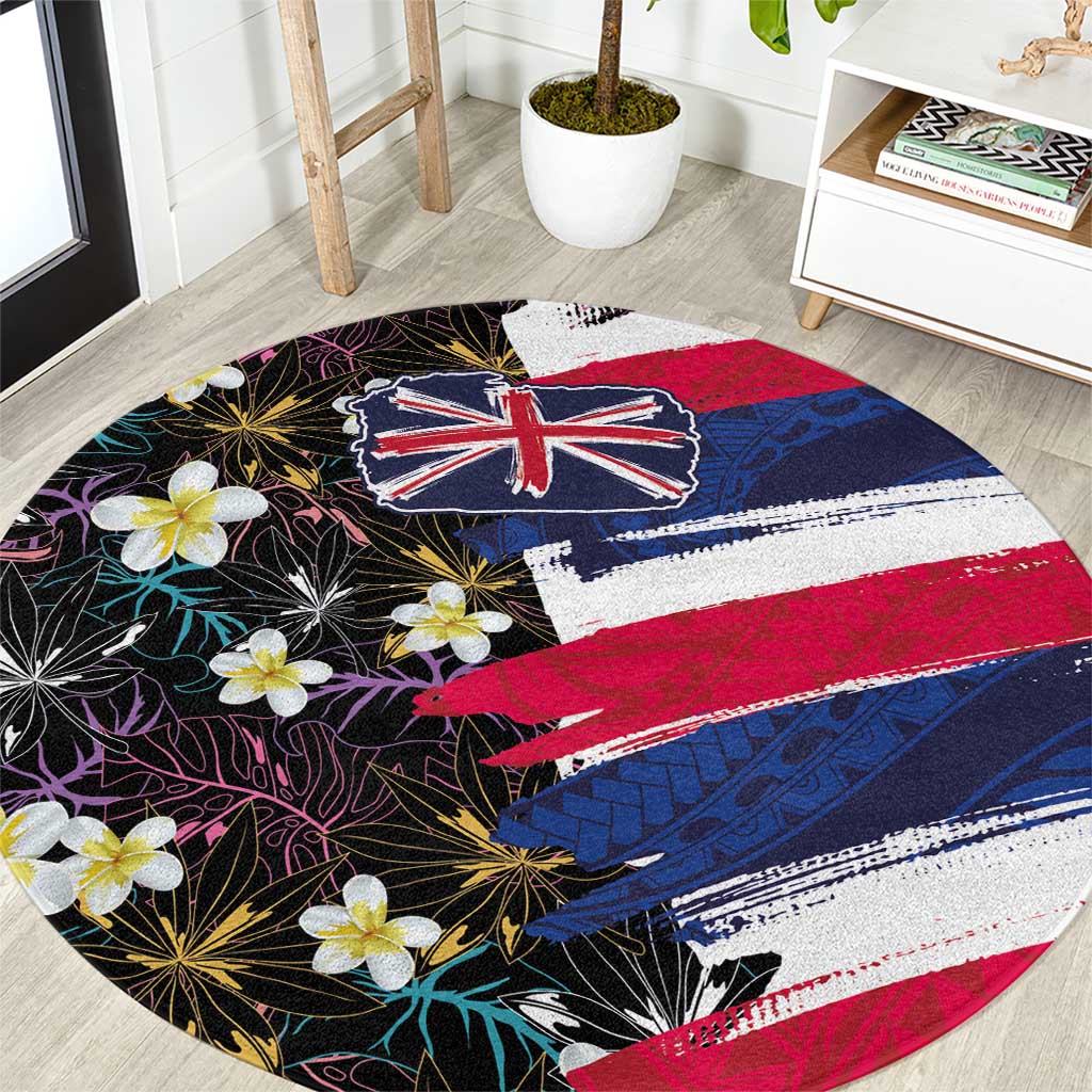 Hawaiian Flag Day Round Carpet Tropical Flowers and Leaves LT03 Black - Polynesian Pride