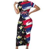 Hawaiian Flag Day Short Sleeve Bodycon Dress Tropical Flowers and Leaves LT03 Long Dress Black - Polynesian Pride