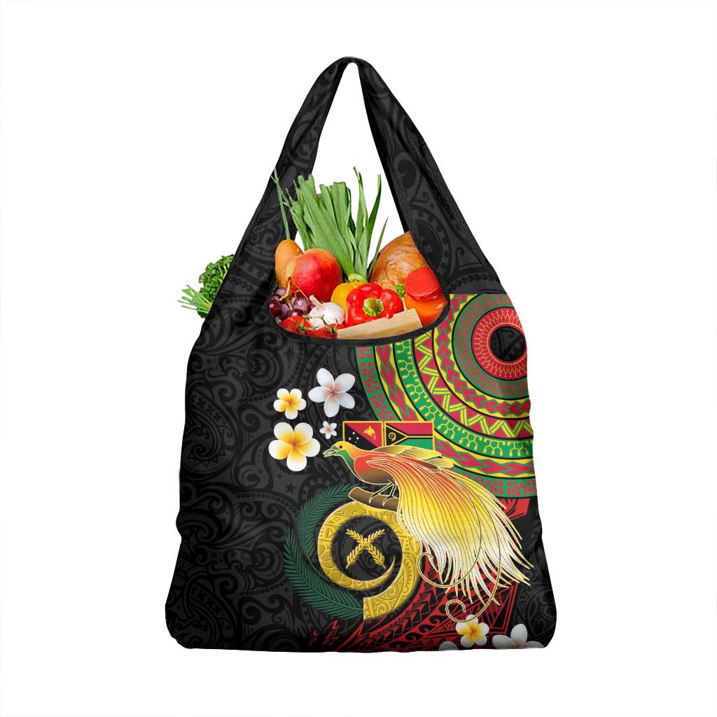 Vanuatu and Papua New Guinea Together Grocery Bag Bird-of-paradise and Pig Tusk Melanesian Pattern LT03 1-pack One Size Black - Polynesian Pride