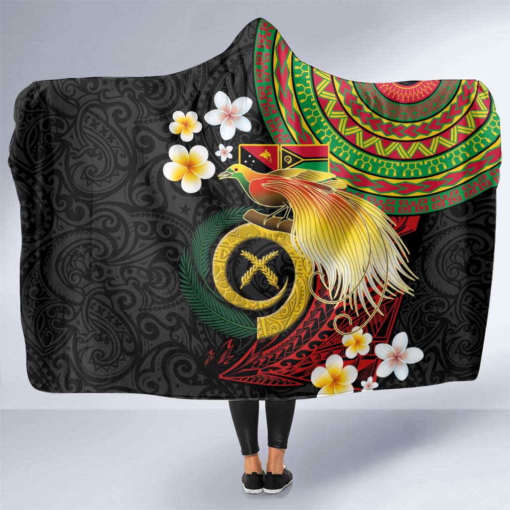 Vanuatu and Papua New Guinea Together Hooded Blanket Bird-of-paradise and Pig Tusk Melanesian Pattern LT03 One Size Black - Polynesian Pride