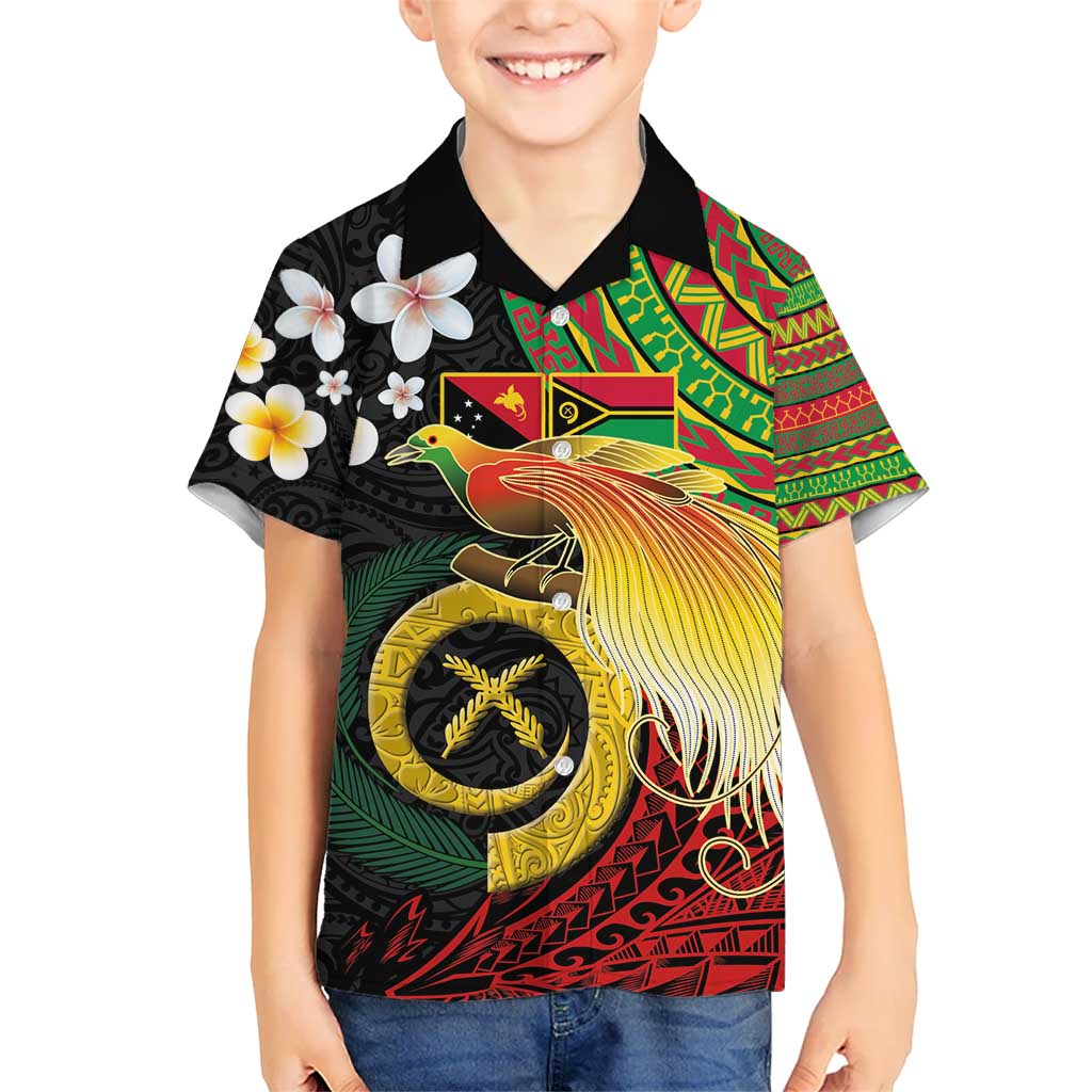 Vanuatu and Papua New Guinea Together Kid Hawaiian Shirt Bird-of-paradise and Pig Tusk Melanesian Pattern LT03 Kid Black - Polynesian Pride
