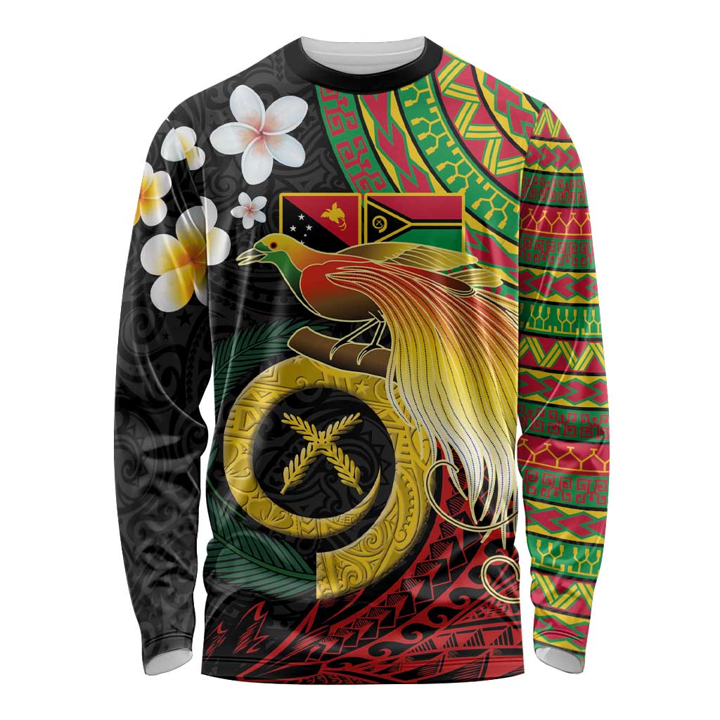 Vanuatu and Papua New Guinea Together Long Sleeve Shirt Bird-of-paradise and Pig Tusk Melanesian Pattern LT03 Unisex Black - Polynesian Pride