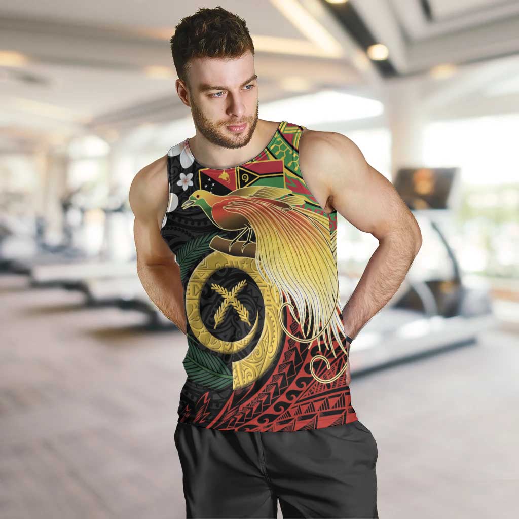 Vanuatu and Papua New Guinea Together Men Tank Top Bird-of-paradise and Pig Tusk Melanesian Pattern LT03 Black - Polynesian Pride