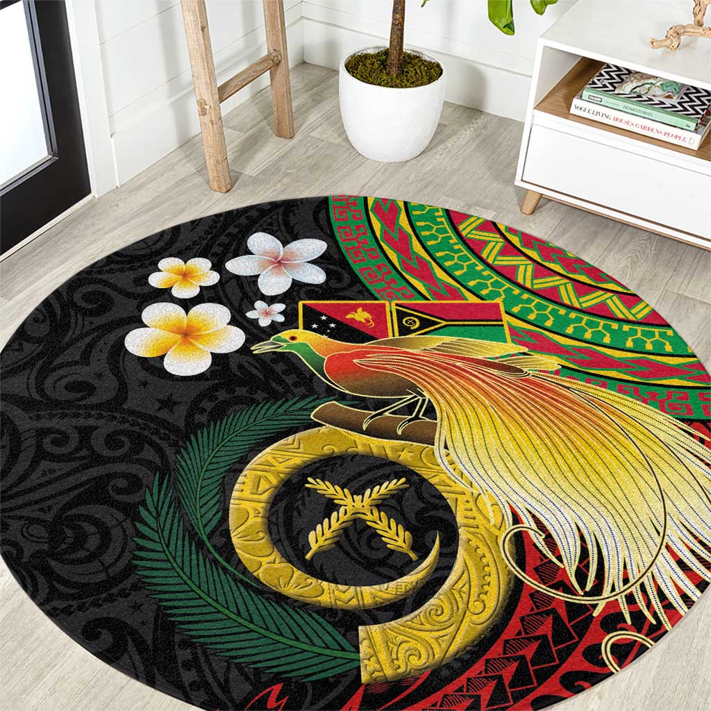 Vanuatu and Papua New Guinea Together Round Carpet Bird-of-paradise and Pig Tusk Melanesian Pattern LT03 Black - Polynesian Pride