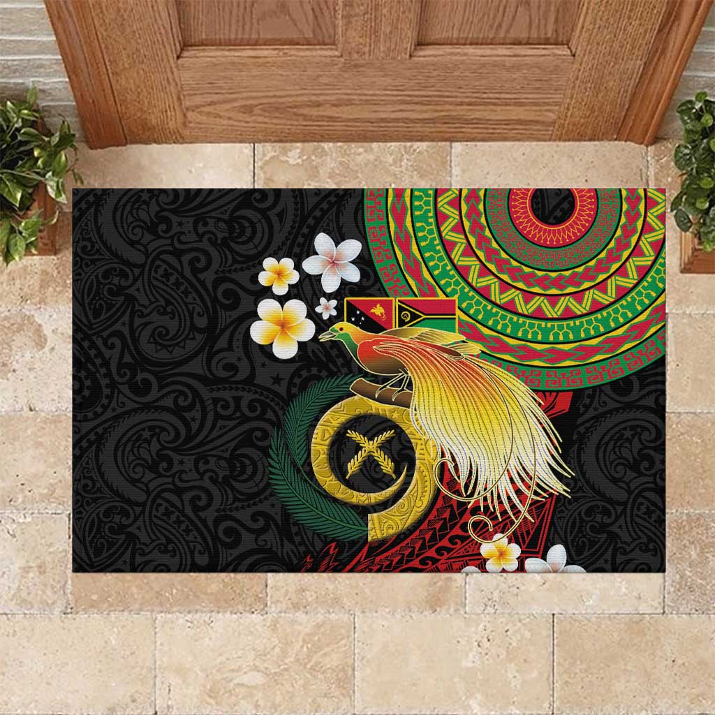 Vanuatu and Papua New Guinea Together Rubber Doormat Bird-of-paradise and Pig Tusk Melanesian Pattern LT03 Black - Polynesian Pride
