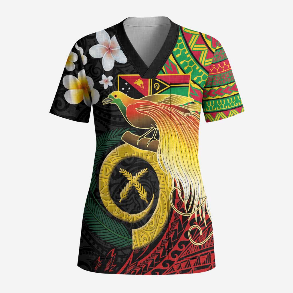 Vanuatu and Papua New Guinea Together Scrub Top Bird-of-paradise and Pig Tusk Melanesian Pattern LT03 Adult Black - Polynesian Pride