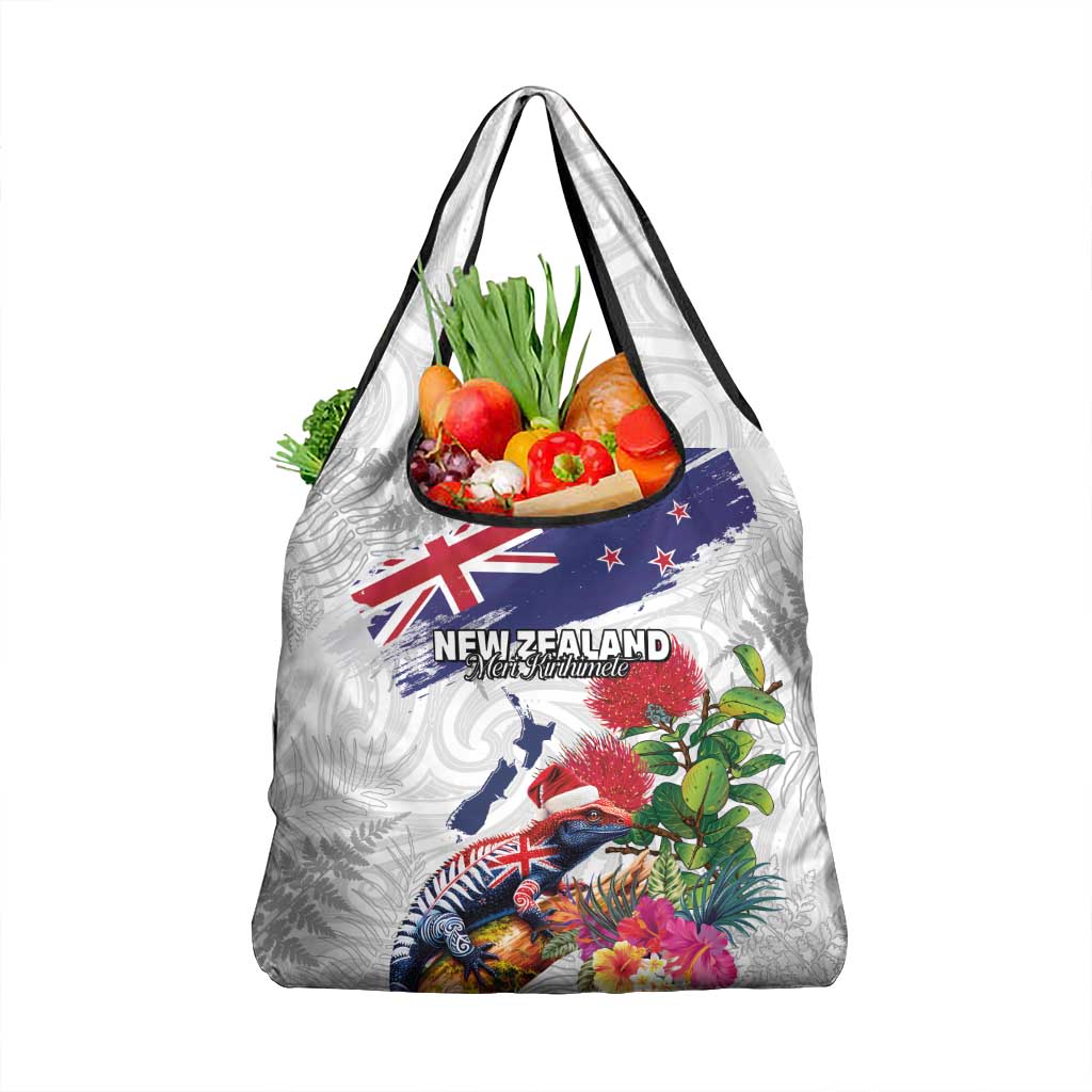 New Zealand Christmas Grocery Bag Meri Kirihimete-Tuatara and Pohutukawa White Color LT03 1-pack One Size White - Polynesian Pride