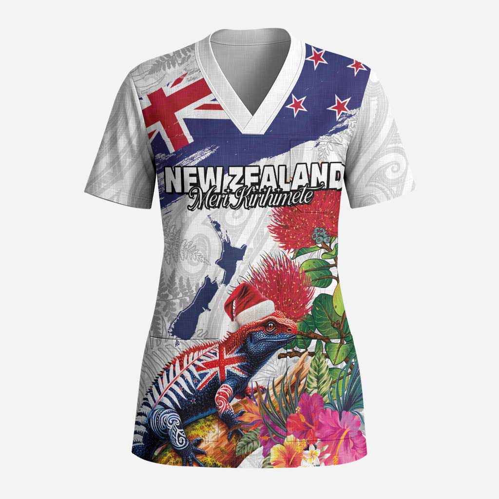 New Zealand Christmas Scrub Top Meri Kirihimete-Tuatara and Pohutukawa White Color LT03 Adult White - Polynesian Pride