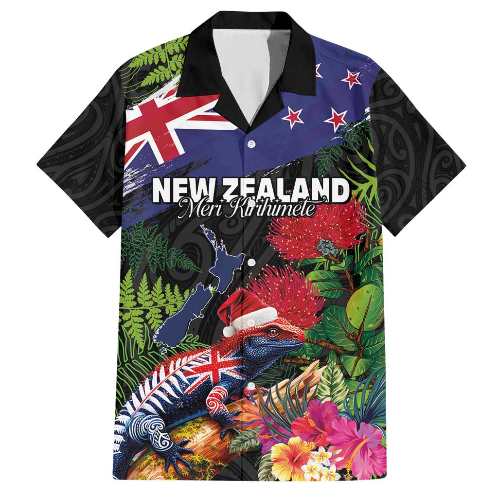 New Zealand Christmas Hawaiian Shirt Meri Kirihimete-Tuatara and Pohutukawa Black Color LT03 Black - Polynesian Pride