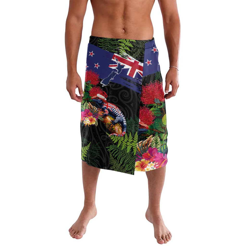 New Zealand Christmas Lavalava Meri Kirihimete-Tuatara and Pohutukawa Black Color LT03 Black - Polynesian Pride