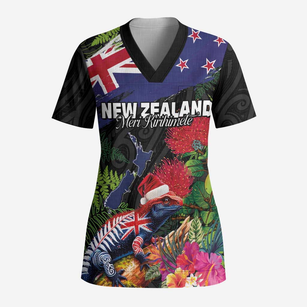 New Zealand Christmas Scrub Top Meri Kirihimete-Tuatara and Pohutukawa Black Color LT03 Adult Black - Polynesian Pride