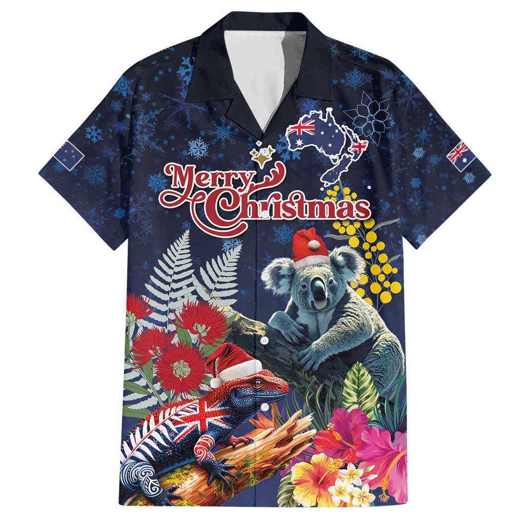 Australia and New Zealand Hawaiian Shirt Merry Christmas-Tuatara and Koala with Plants Xmas Style LT03 Navy - Polynesian Pride