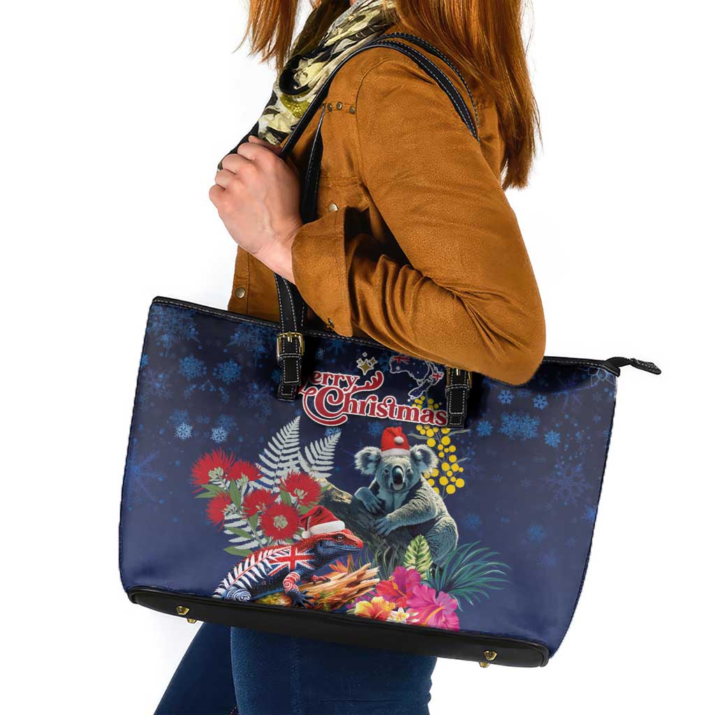 Australia and New Zealand Leather Tote Bag Merry Christmas-Tuatara and Koala with Plants Xmas Style LT03 Navy - Polynesian Pride