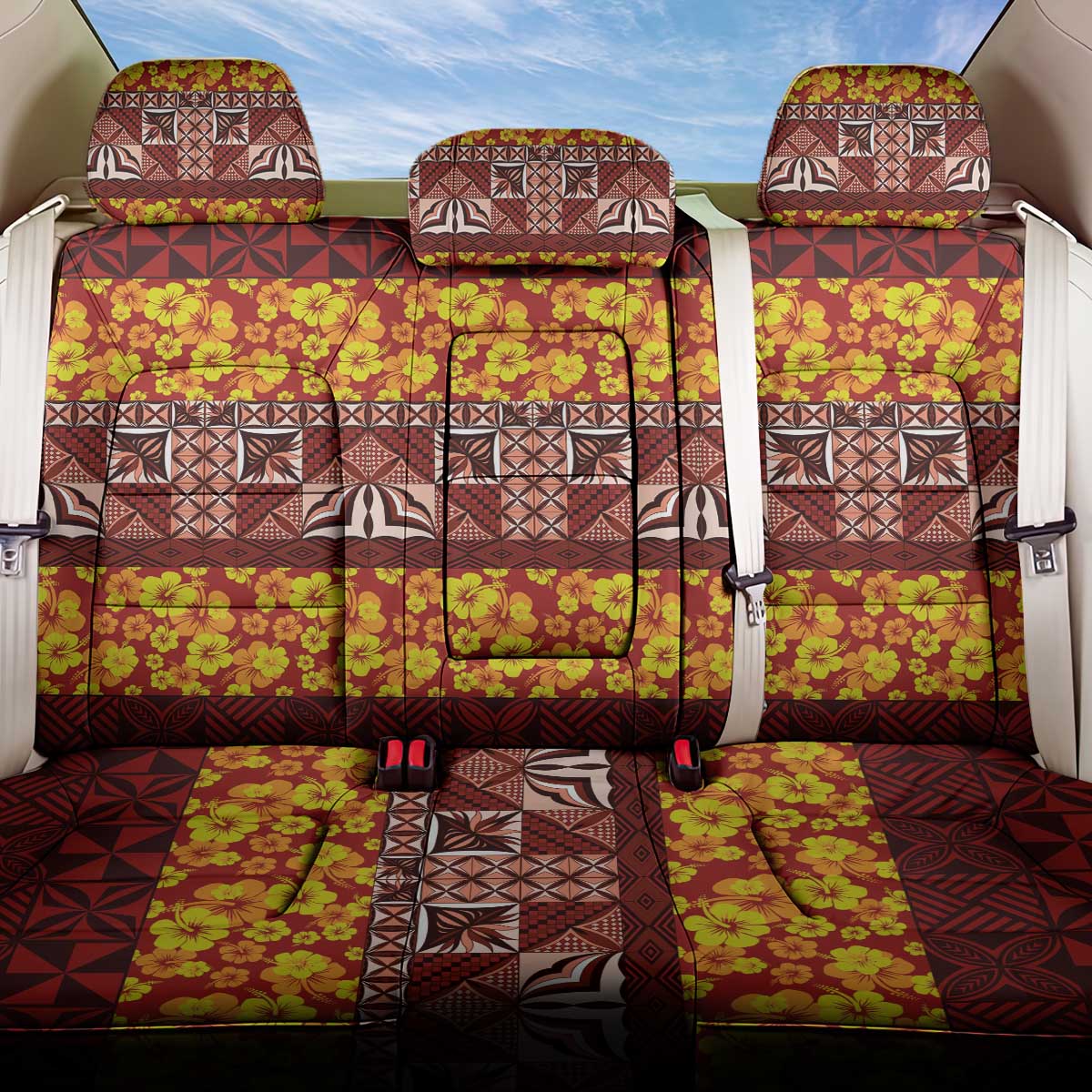 Samoa Siapo and Tapa Back Car Seat Cover Pacific Tribal Pattern with Hibiscus Striped Style LT03 One Size Red - Polynesian Pride