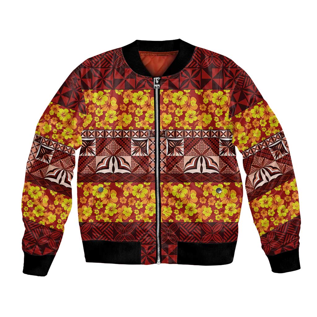 Samoa Siapo and Tapa Bomber Jacket Pacific Tribal Pattern with Hibiscus Striped Style LT03 Unisex Red - Polynesian Pride