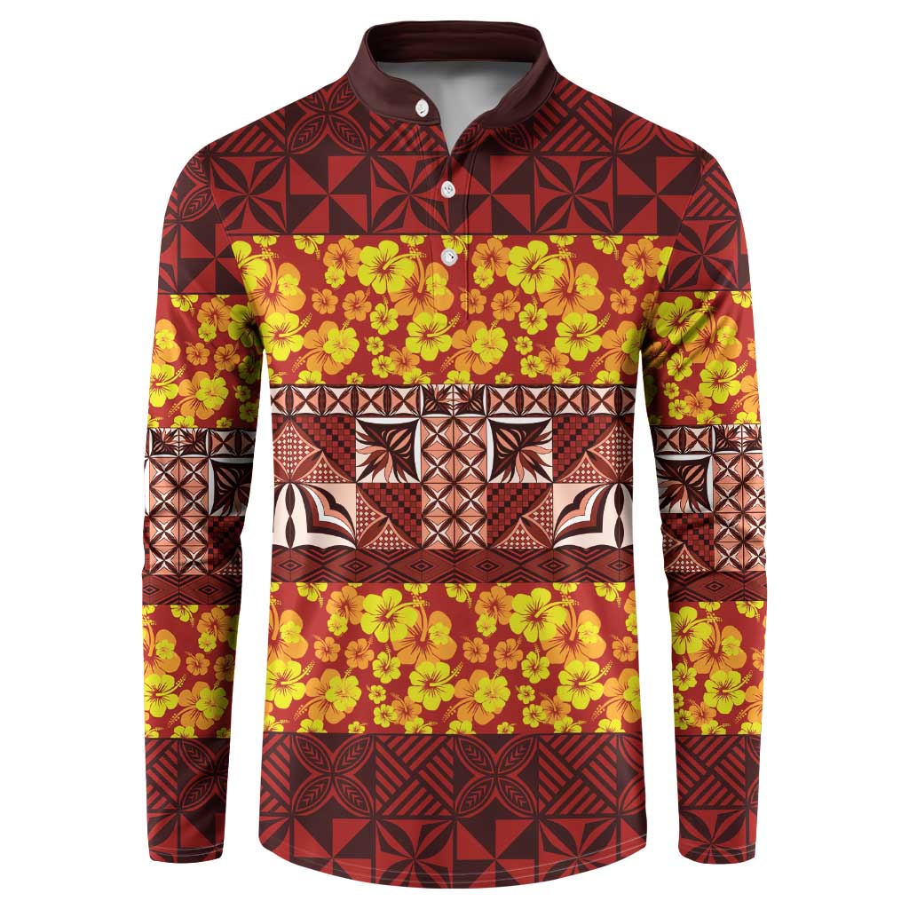 Samoa Siapo and Tapa Button Sweatshirt Pacific Tribal Pattern with Hibiscus Striped Style LT03 Red - Polynesian Pride