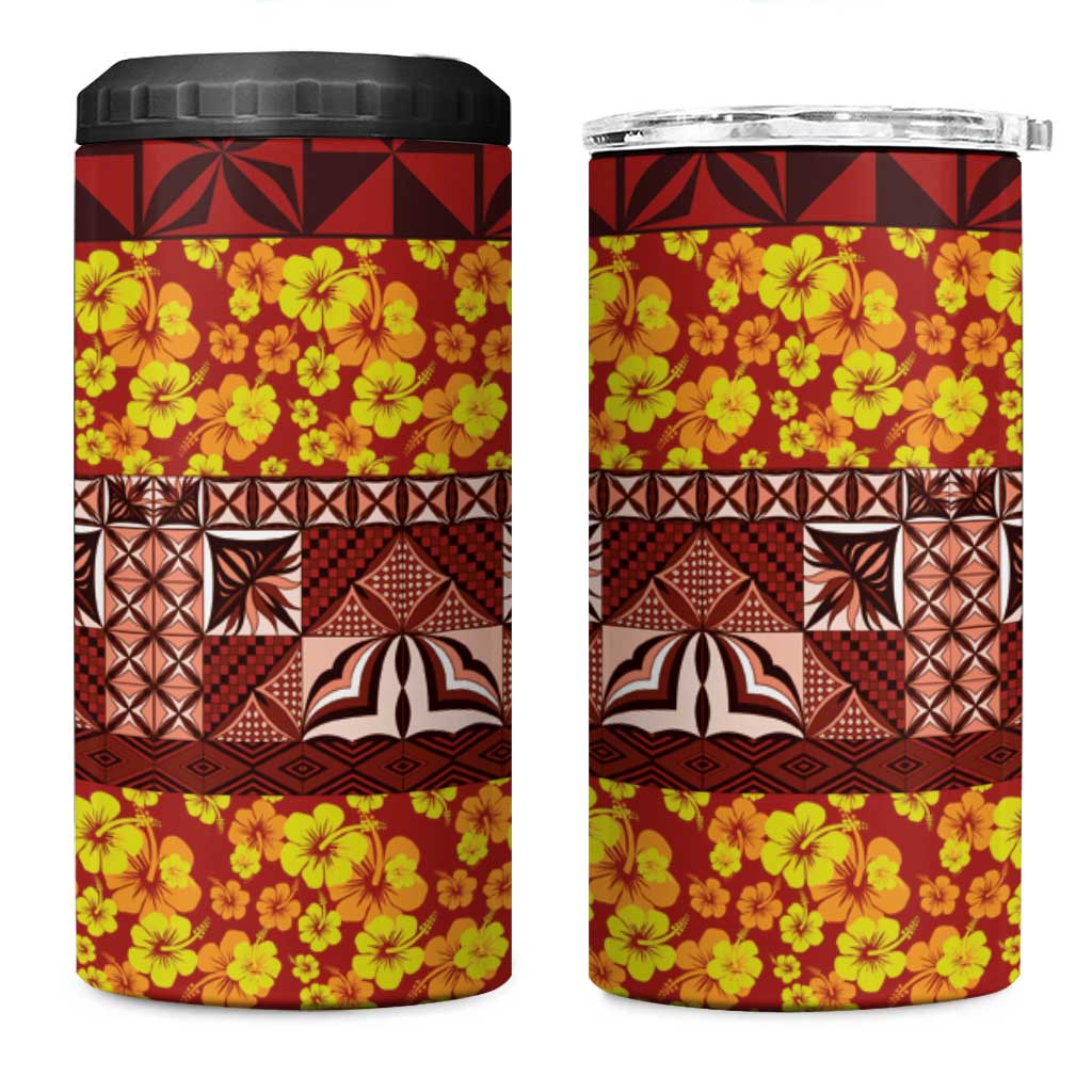 Samoa Siapo and Tapa 4 in 1 Can Cooler Tumbler Pacific Tribal Pattern with Hibiscus Striped Style LT03 One Size: 16 oz Red - Polynesian Pride