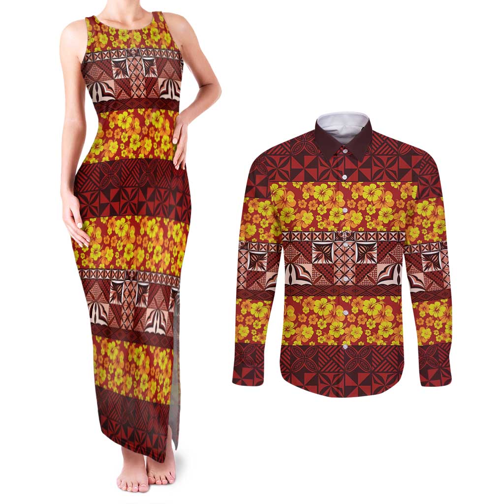Samoa Siapo and Tapa Couples Matching Tank Maxi Dress and Long Sleeve Button Shirt Pacific Tribal Pattern with Hibiscus Striped Style LT03 Red - Polynesian Pride