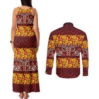 Samoa Siapo and Tapa Couples Matching Tank Maxi Dress and Long Sleeve Button Shirt Pacific Tribal Pattern with Hibiscus Striped Style LT03 - Polynesian Pride