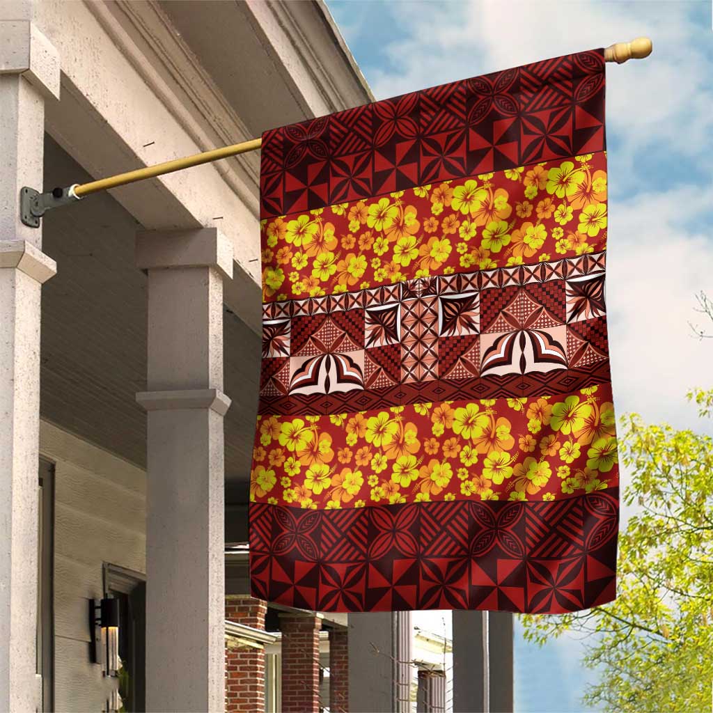 Samoa Siapo and Tapa Garden Flag Pacific Tribal Pattern with Hibiscus Striped Style LT03 House Flag Red - Polynesian Pride