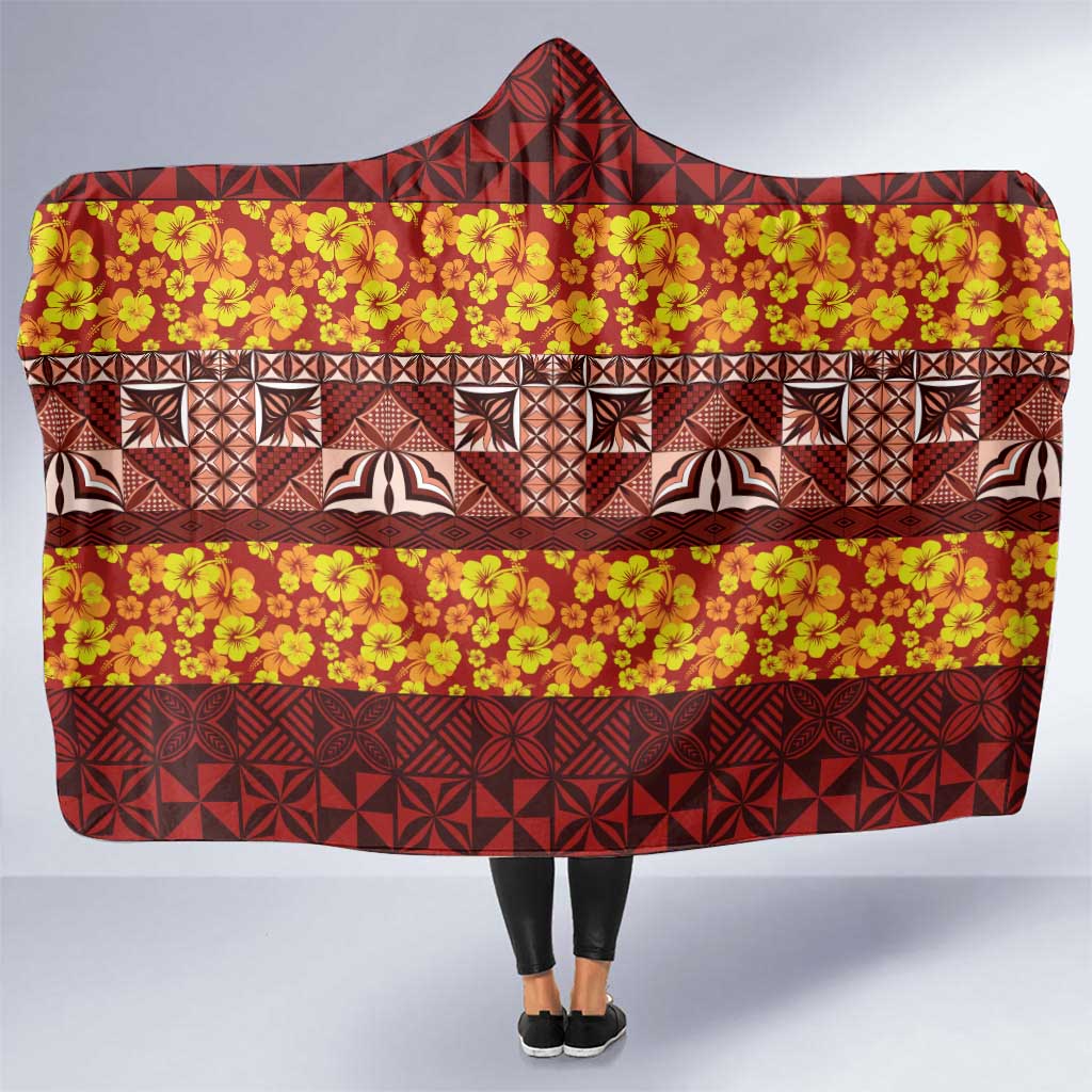 Samoa Siapo and Tapa Hooded Blanket Pacific Tribal Pattern with Hibiscus Striped Style LT03 One Size Red - Polynesian Pride