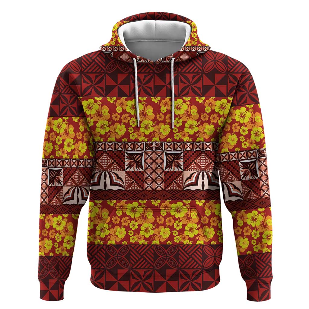 Samoa Siapo and Tapa Hoodie Pacific Tribal Pattern with Hibiscus Striped Style LT03 Pullover Hoodie Red - Polynesian Pride