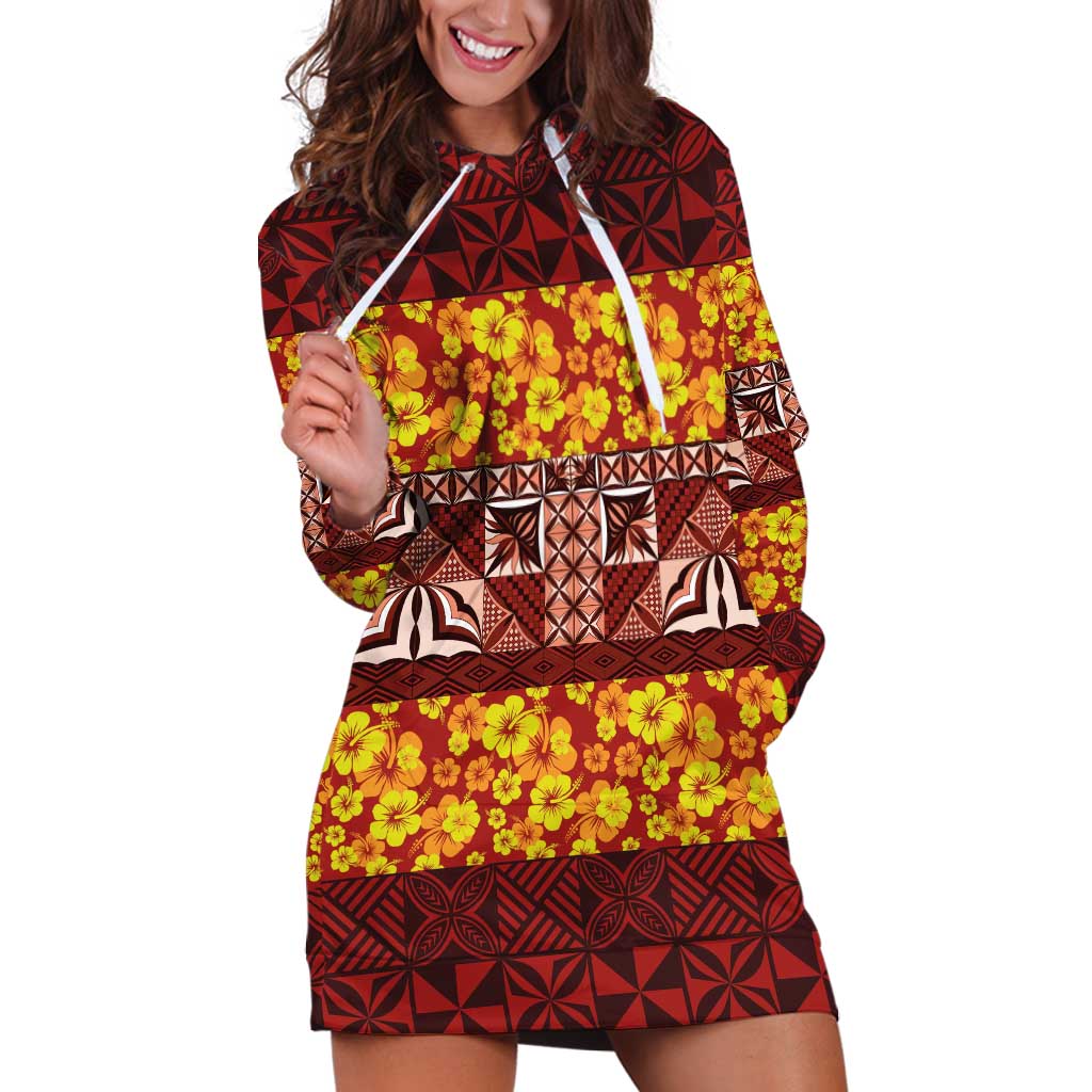 Samoa Siapo and Tapa Hoodie Dress Pacific Tribal Pattern with Hibiscus Striped Style LT03 Red - Polynesian Pride
