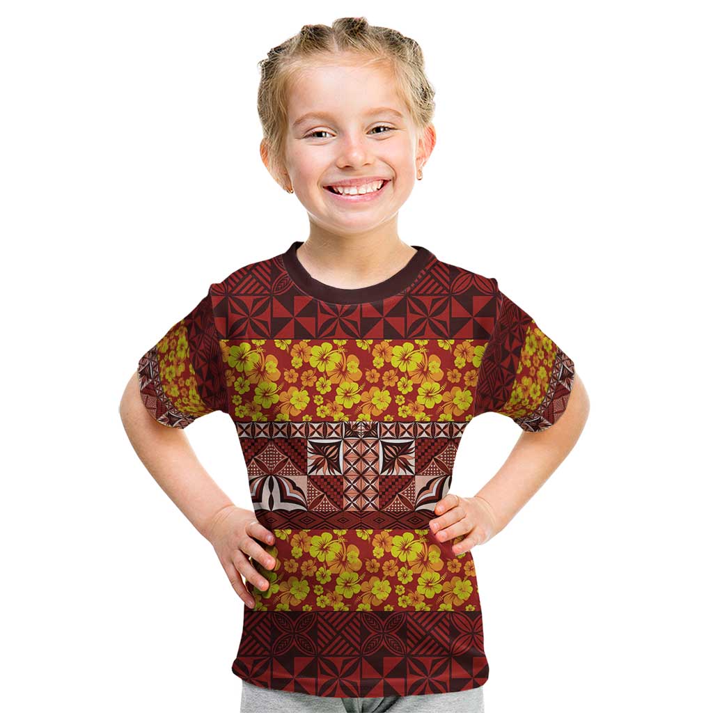 Samoa Siapo and Tapa Kid T Shirt Pacific Tribal Pattern with Hibiscus Striped Style LT03 Red - Polynesian Pride