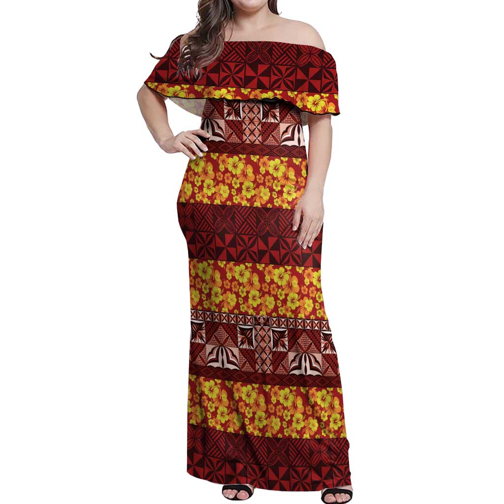 Samoa Siapo and Tapa Off Shoulder Maxi Dress Pacific Tribal Pattern with Hibiscus Striped Style