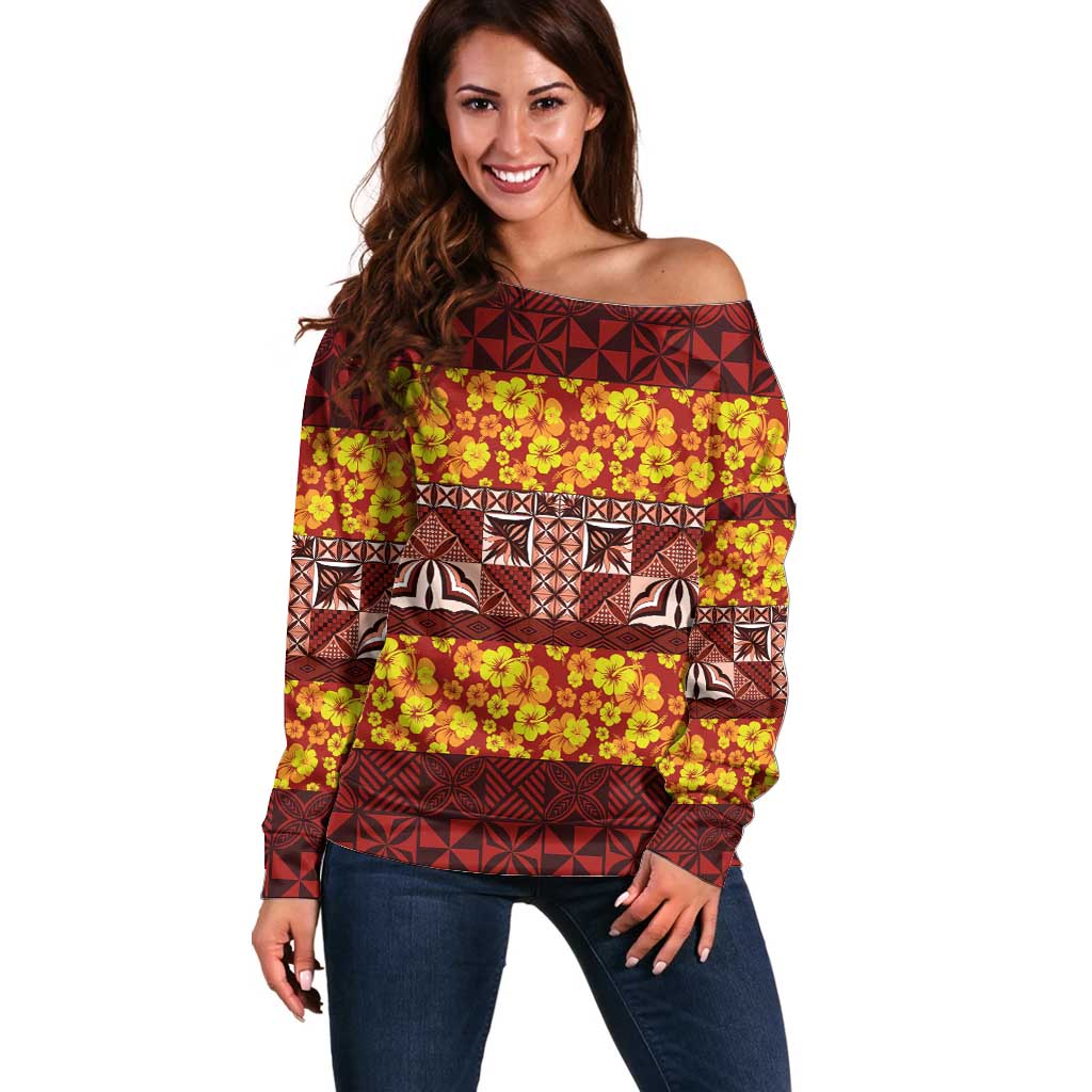 Samoa Siapo and Tapa Off Shoulder Sweater Pacific Tribal Pattern with Hibiscus Striped Style LT03 Women Red - Polynesian Pride