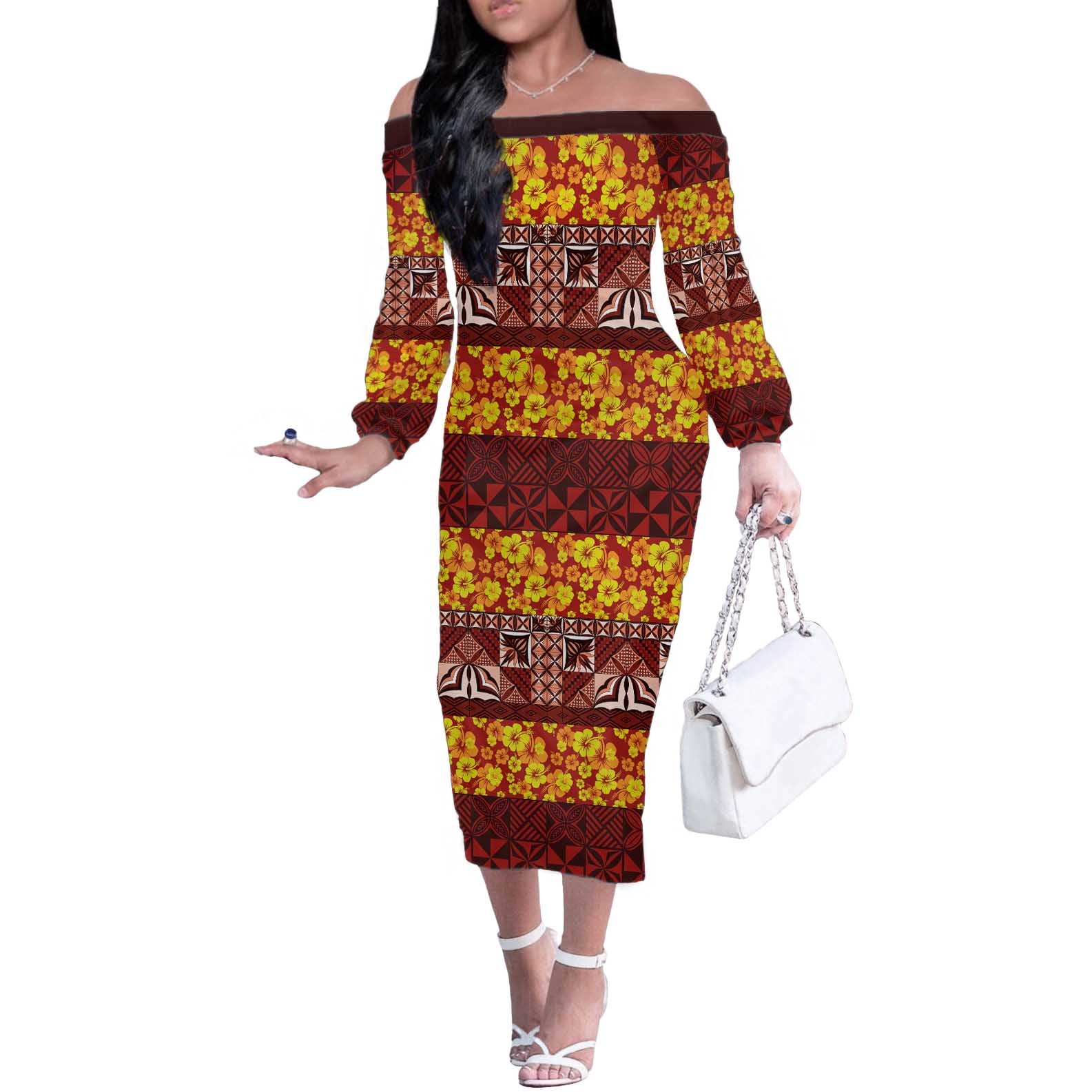 Samoa Siapo and Tapa Off The Shoulder Long Sleeve Dress Pacific Tribal Pattern with Hibiscus Striped Style