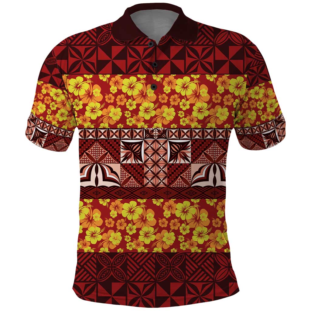 Samoa Siapo and Tapa Polo Shirt Pacific Tribal Pattern with Hibiscus Striped Style LT03 Red - Polynesian Pride