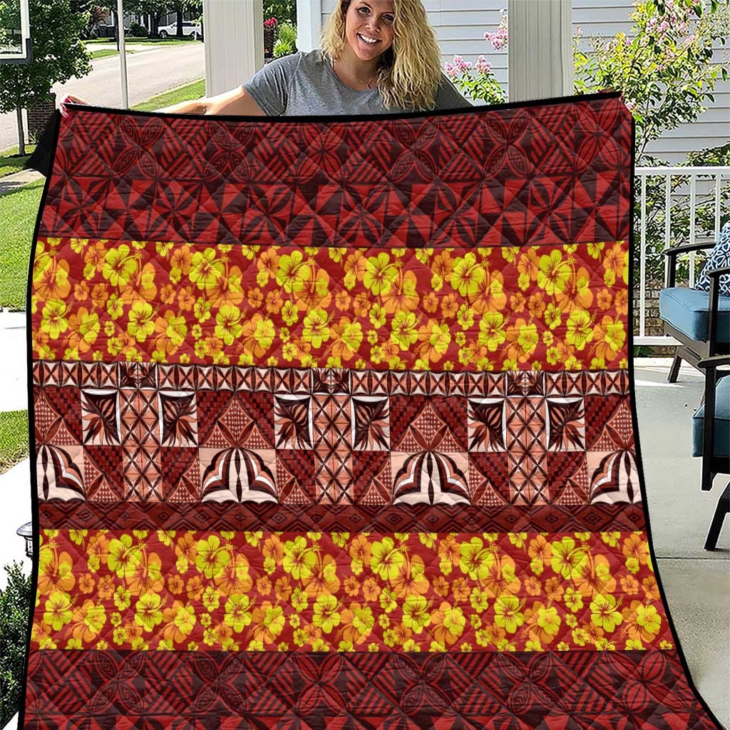 Samoa Siapo and Tapa Quilt Pacific Tribal Pattern with Hibiscus Striped Style LT03 Red - Polynesian Pride