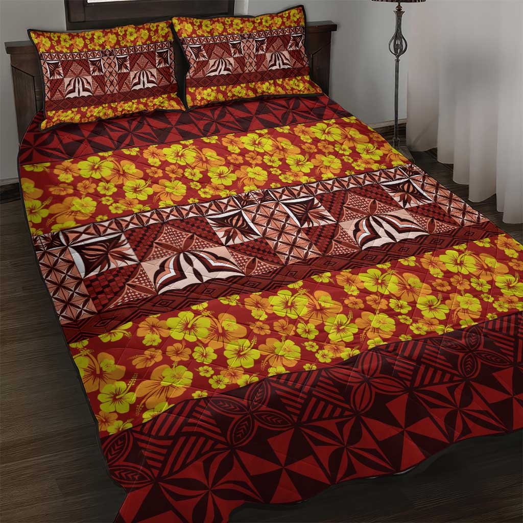Samoa Siapo and Tapa Quilt Bed Set Pacific Tribal Pattern with Hibiscus Striped Style LT03 Red - Polynesian Pride