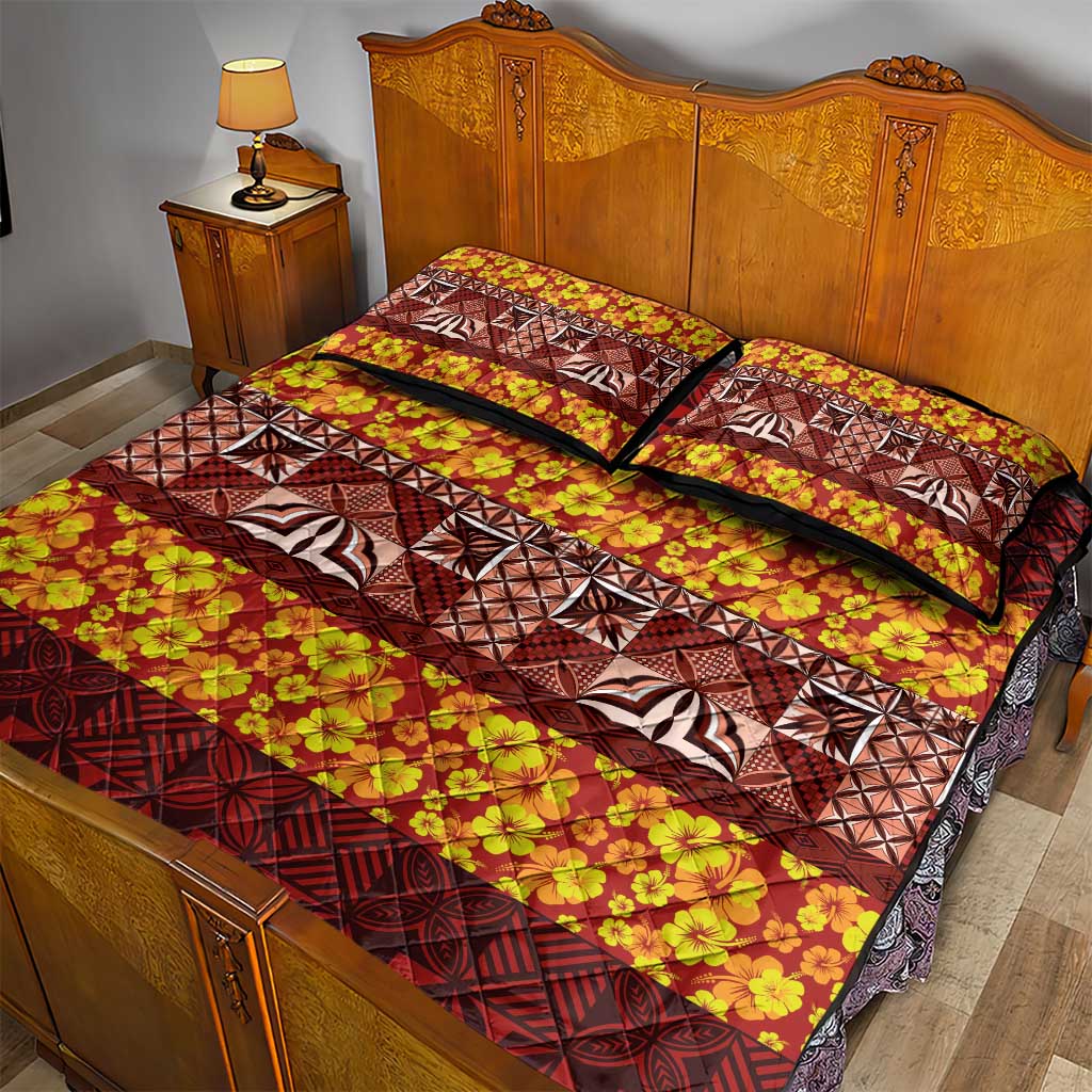 Samoa Siapo and Tapa Quilt Bed Set Pacific Tribal Pattern with Hibiscus Striped Style LT03 - Polynesian Pride