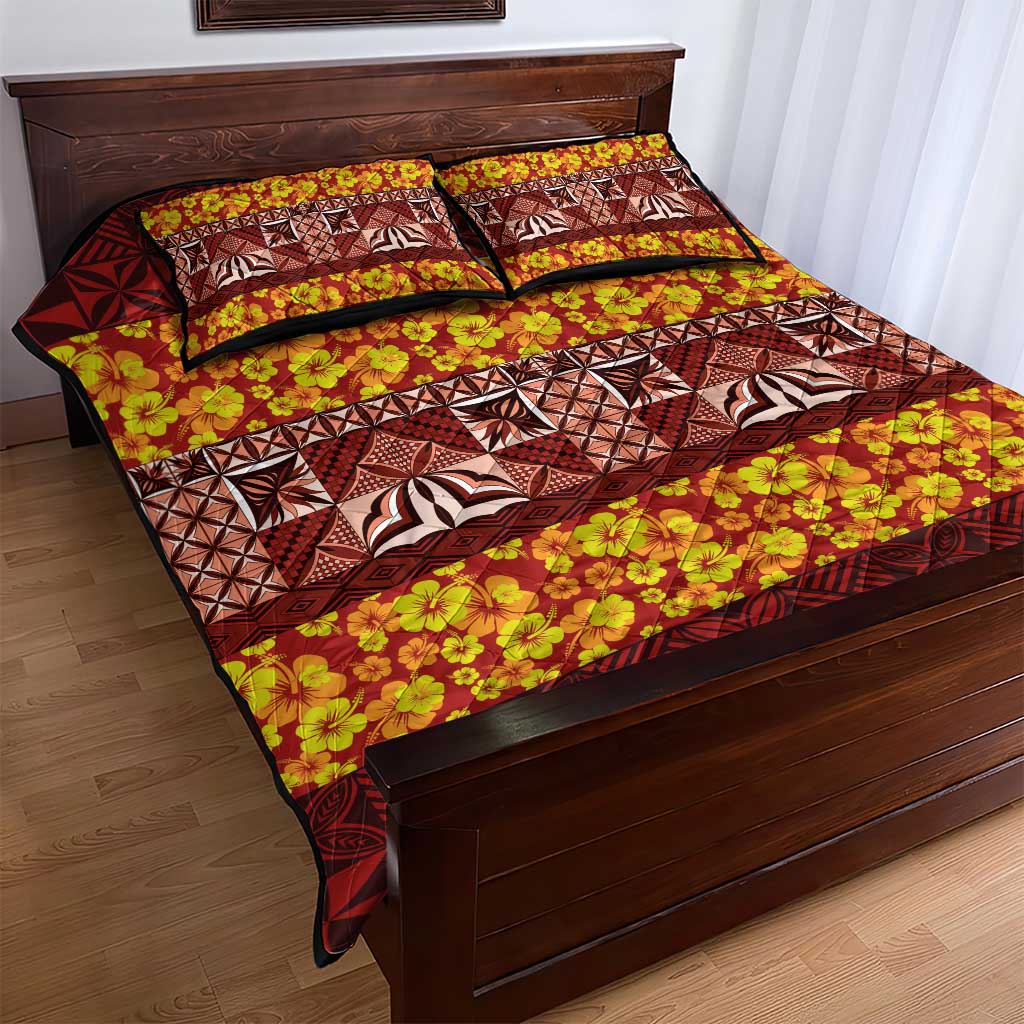 Samoa Siapo and Tapa Quilt Bed Set Pacific Tribal Pattern with Hibiscus Striped Style LT03 - Polynesian Pride