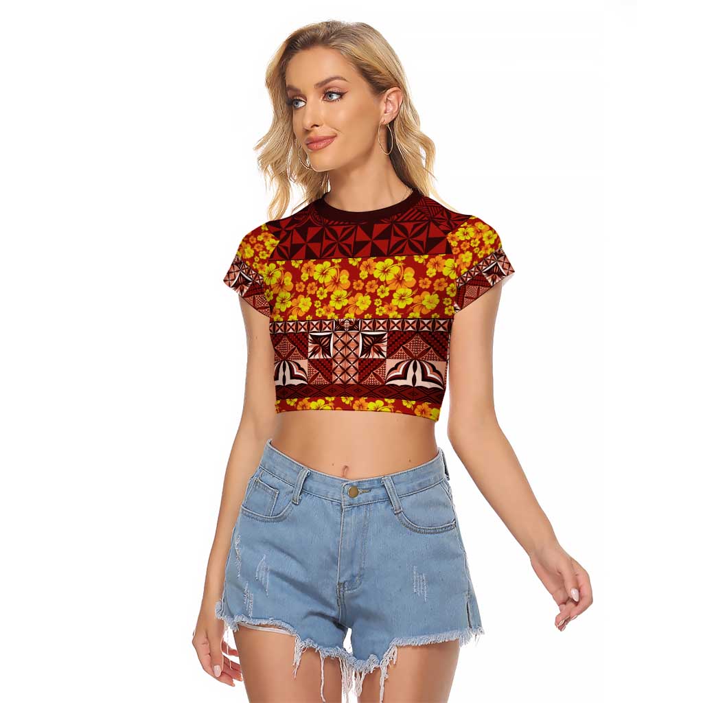 Samoa Siapo and Tapa Raglan Cropped T Shirt Pacific Tribal Pattern with Hibiscus Striped Style LT03 Female Red - Polynesian Pride
