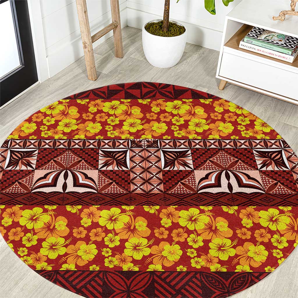 Samoa Siapo and Tapa Round Carpet Pacific Tribal Pattern with Hibiscus Striped Style LT03 Red - Polynesian Pride