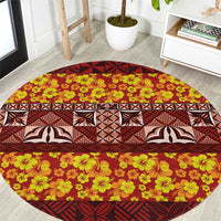 Samoa Siapo and Tapa Round Carpet Pacific Tribal Pattern with Hibiscus Striped Style LT03 Red - Polynesian Pride