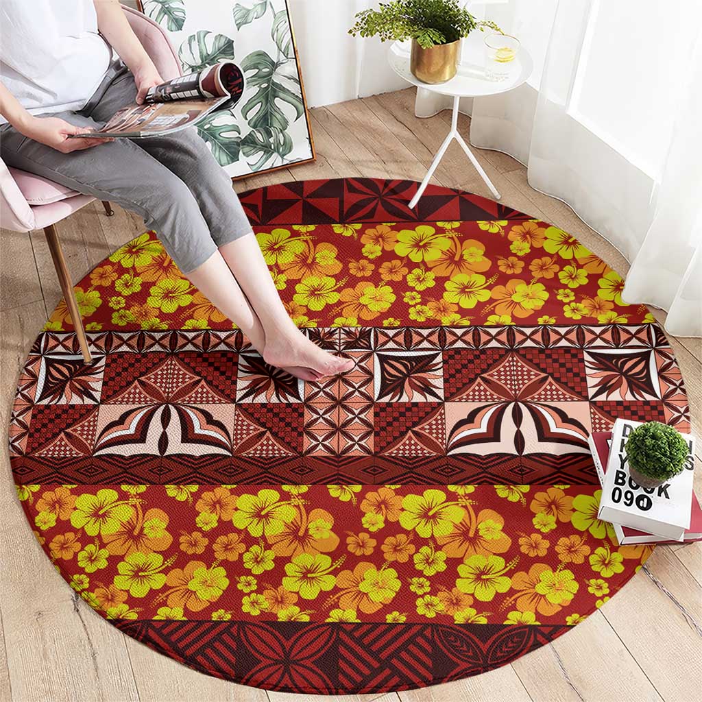 Samoa Siapo and Tapa Round Carpet Pacific Tribal Pattern with Hibiscus Striped Style LT03 - Polynesian Pride