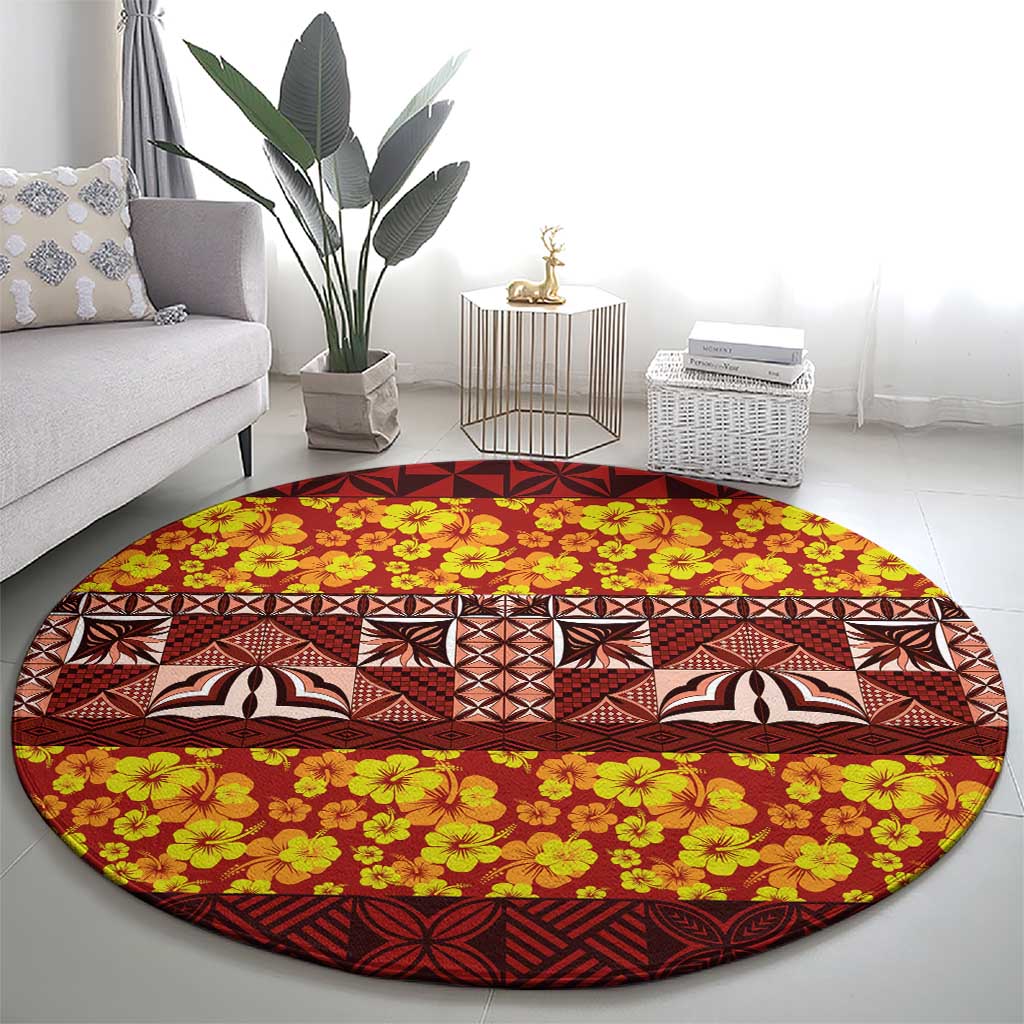 Samoa Siapo and Tapa Round Carpet Pacific Tribal Pattern with Hibiscus Striped Style LT03 - Polynesian Pride